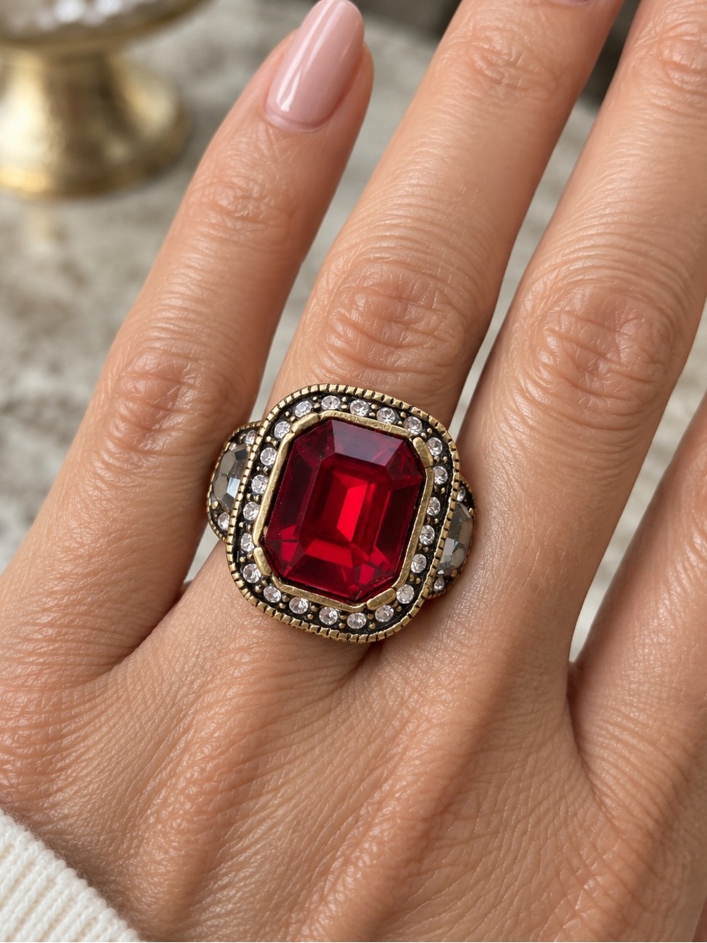 Enchanté Red Crystal Cocktail Ring | Vintage Art Deco Glamour *Size 8 & 9